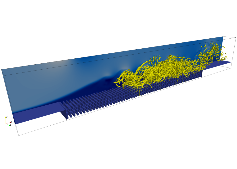 Turbulent boundary layer over a porous substrate featuring a separation bubble.